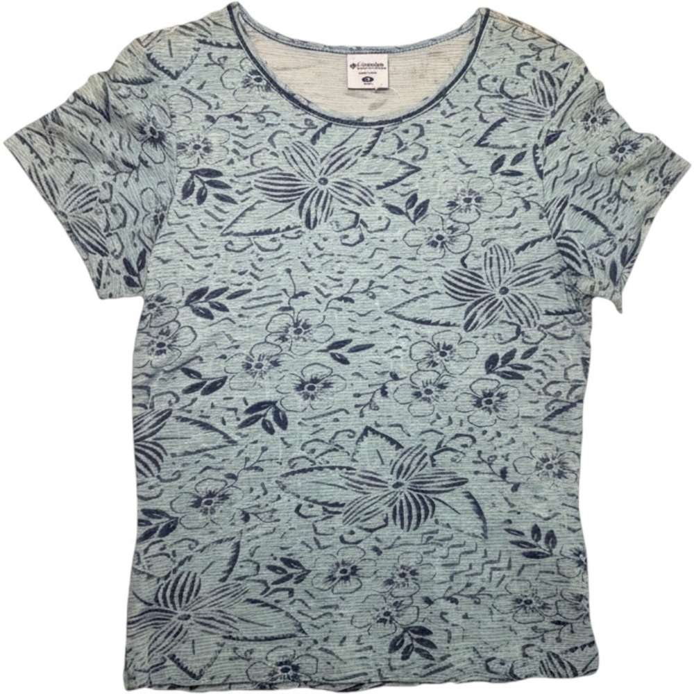 Columbia Floral Print Shirt Women's Petite P5 Blue Short Sleeve Casual Top